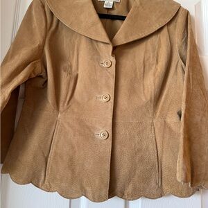Vntg Bamboo Traders Genuine Leather Jacket Womens L Tan Suede Scalloped Hem Boho